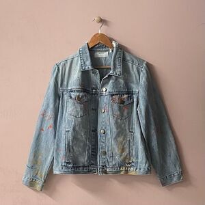 One Teaspoon Blue Paint Splattered Distressed Boxy Fit Denim Jacket EUC Size XS